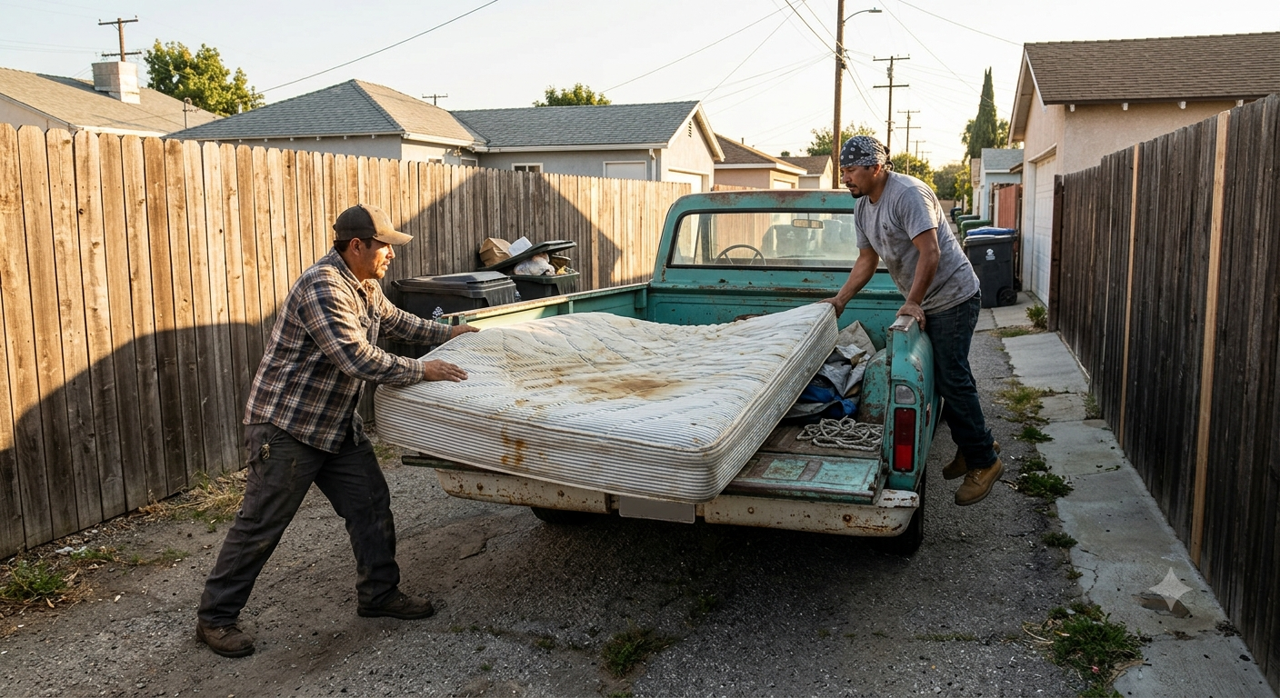 Crew carrying an old mattress and boxes into a junk removal truck
