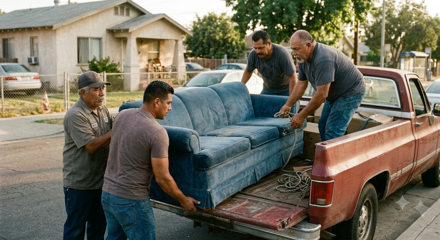 Junk removal crew loading old furniture into a truck at a Brownsville home