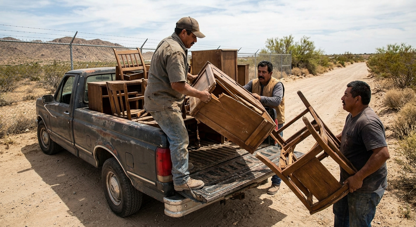 Commercial dumpster and pallets being cleared behind a Brownsville strip mall