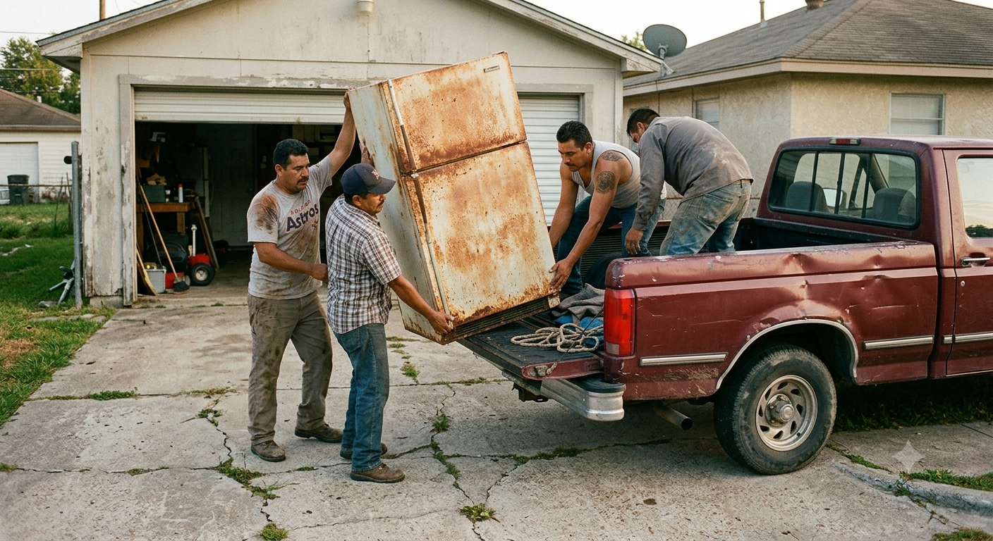 Workers loading drywall and lumber scraps into a dump trailer